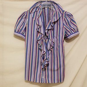 American Living Bright Striped Ruffle Front Button up Blouse 100% Cotton Size S